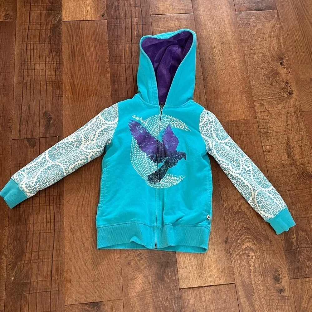 Lucky brand girls faux fur jacket Sz small 7/8 blue purple white pockets